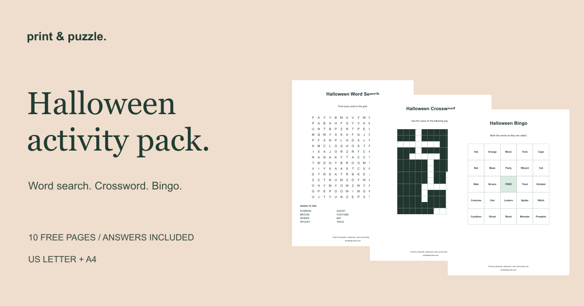 Halloween word search, crossword, and bingo printable pack preview